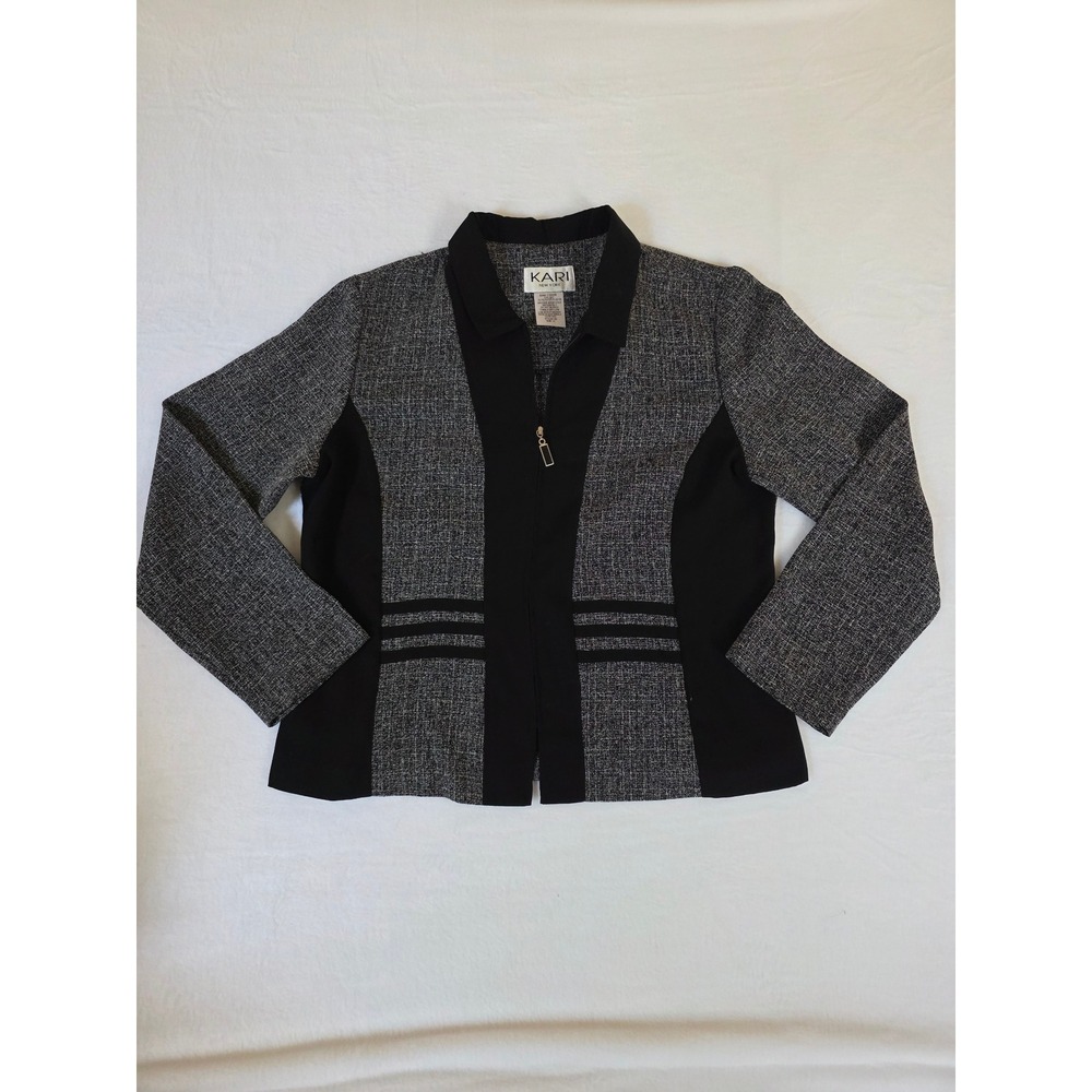 Vintage 90s Zip Front Jacket Career Blazer Size 14 Black Grey Office Kari NY